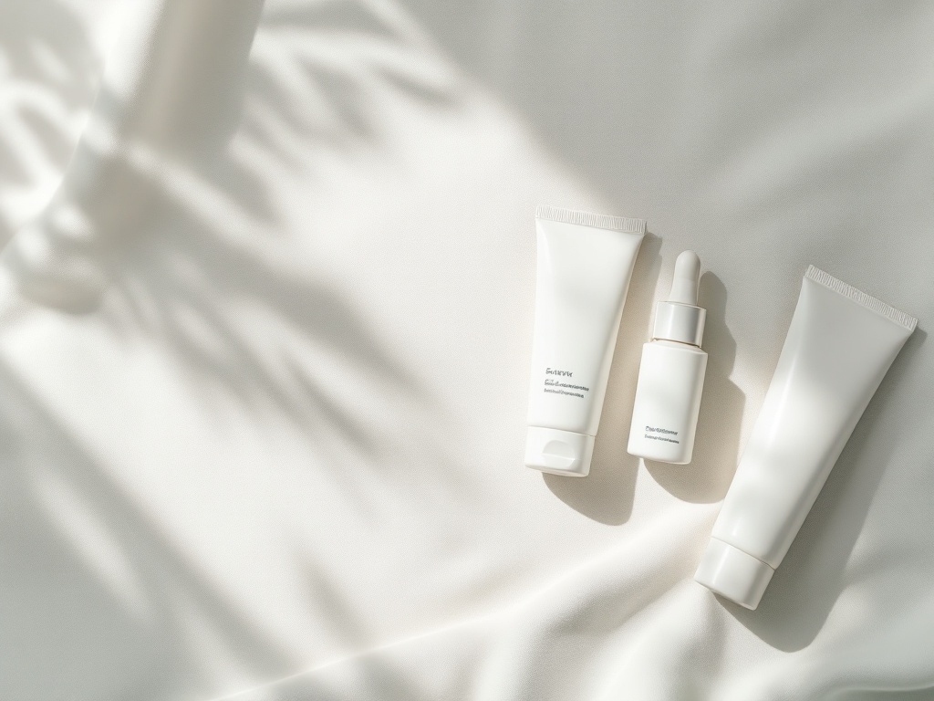 A simple daily under-eye routine of cream, sunscreen and a dropper on linen