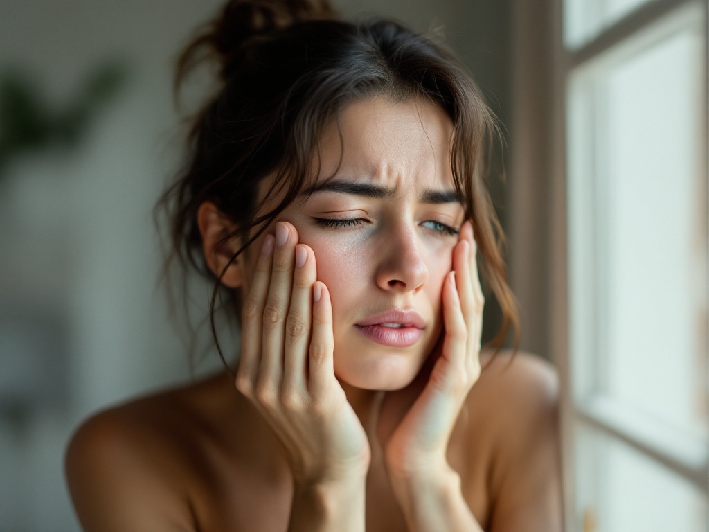A person with seasonal allergies pressing under itchy, watery eyes