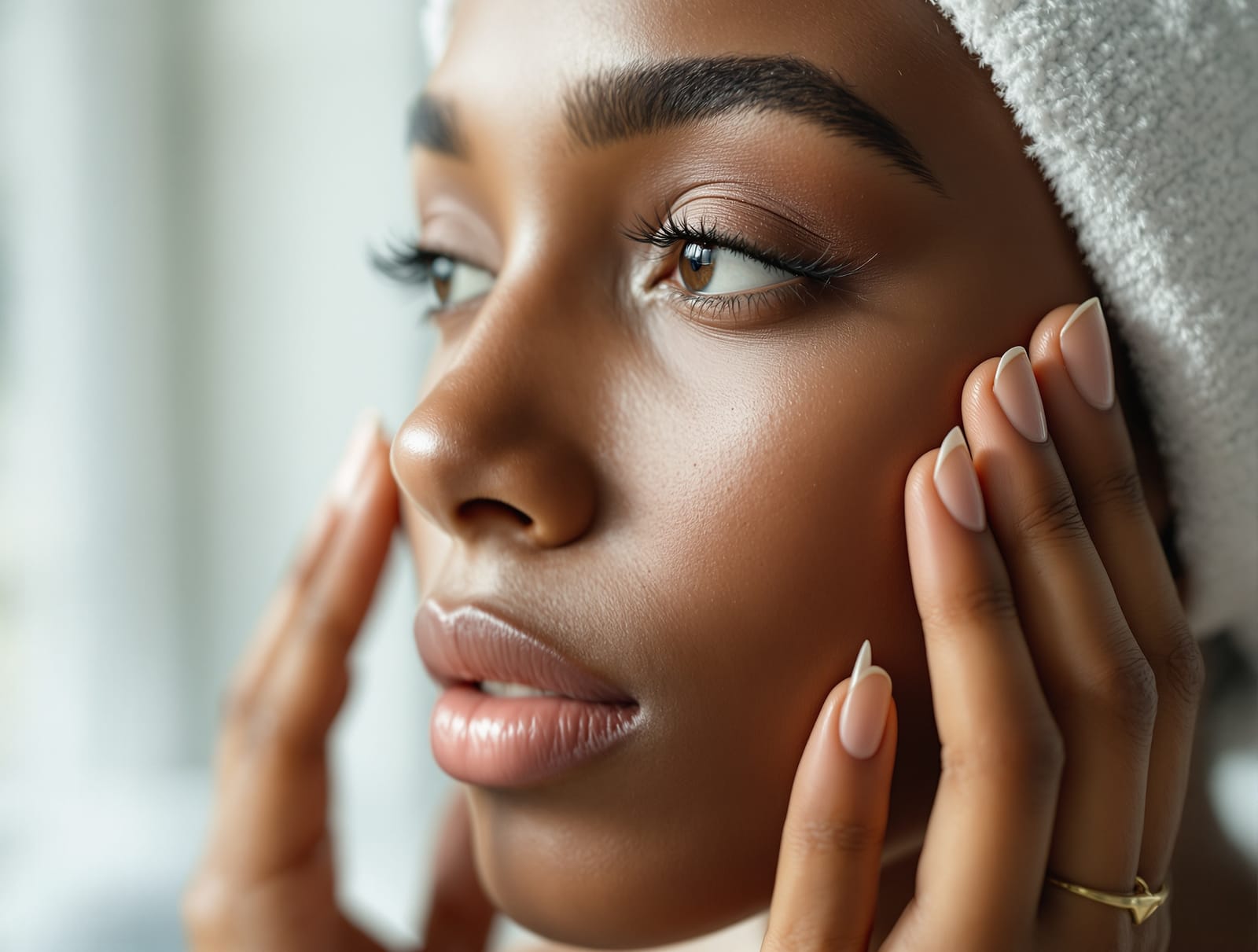 Close-up of a person with deep skin tone examining under-eye pigment in soft, even daylight