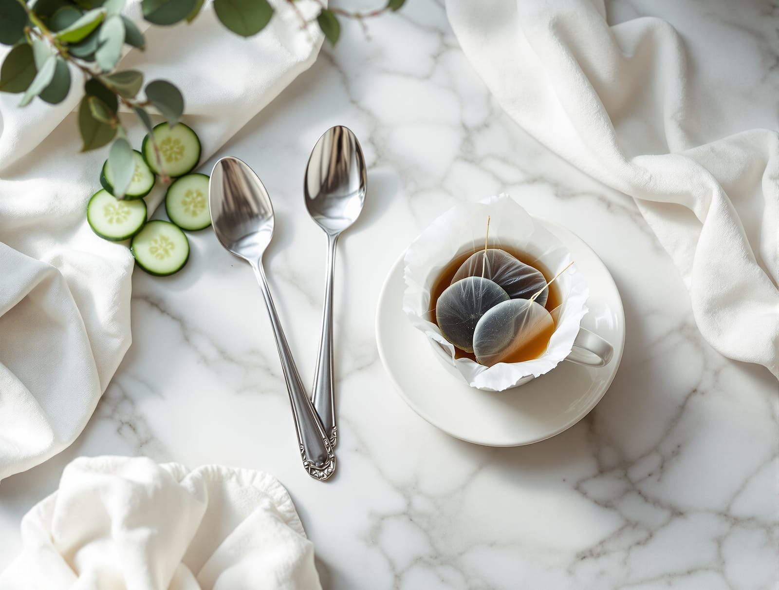 Chilled spoons, damp tea bags and cucumber slices arranged on a clean marble counter