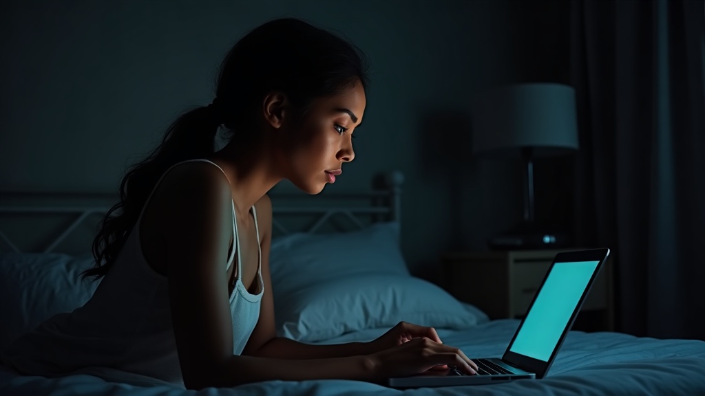 A person working late at a laptop in a dim room, screen glow lighting their hands