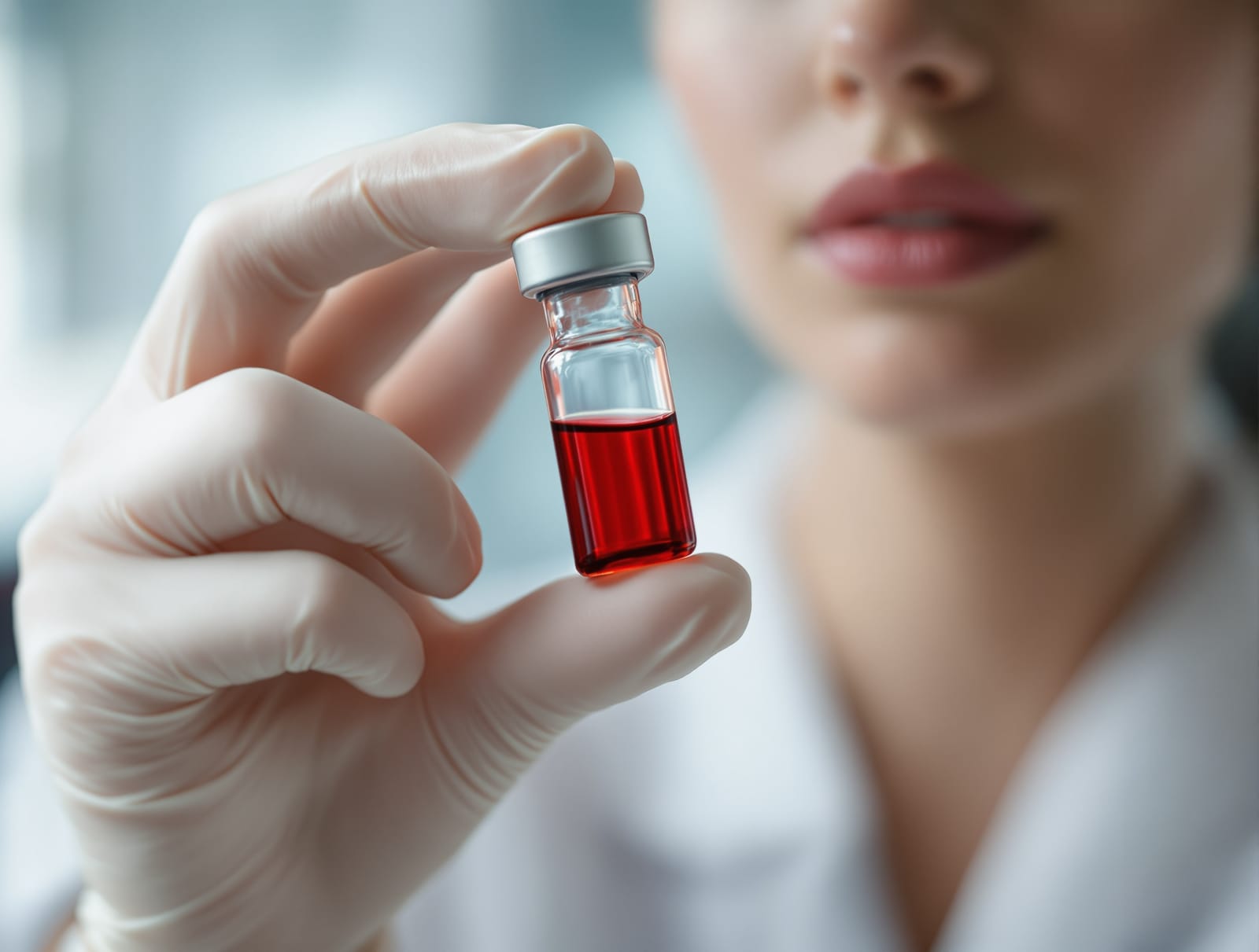A small vial of blood held in a gloved hand in a modern medical lab