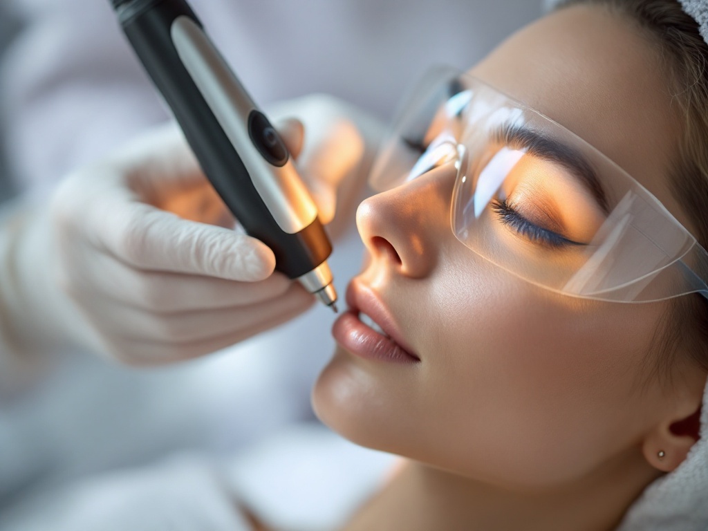 A laser handpiece near a patient's face with protective eye shields on
