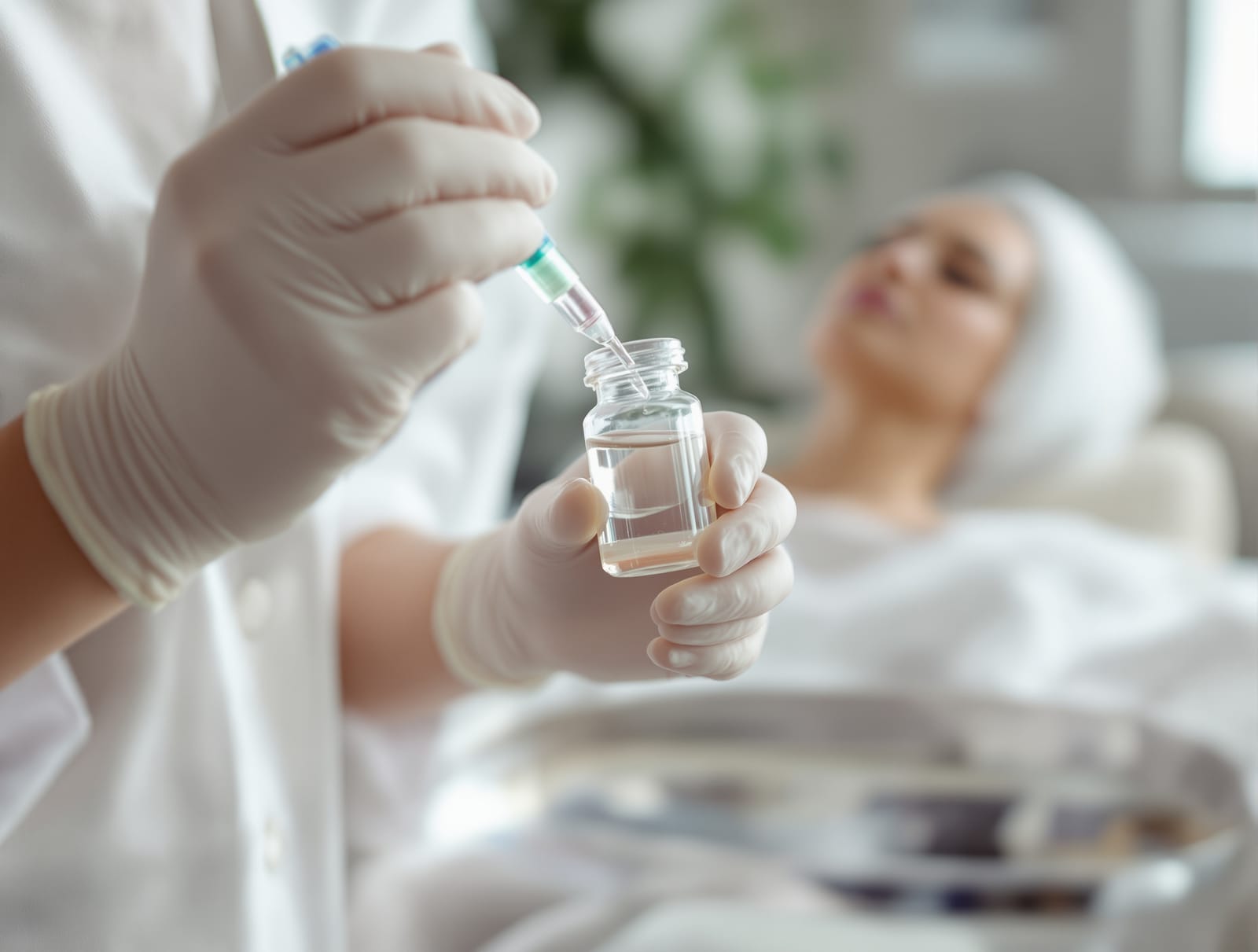 A clinician in a treatment room drawing a clear solution from a small glass vial into a fine gauge syringe on a sterile tray, with a reclined patient softly out of focus behind.