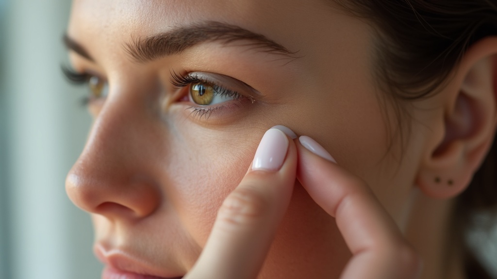 A clinician's fingertip gently stretching the skin below a patient's eye in soft daylight