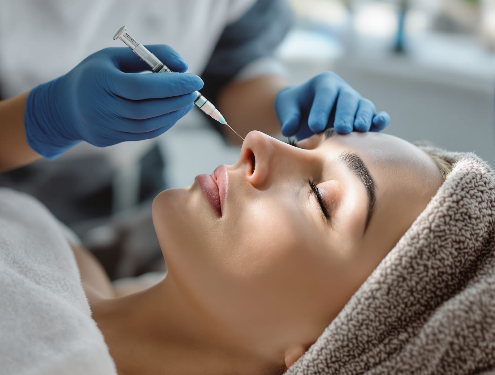 A gloved injector assessing a reclined patient's under-eye area with a gentle cannula near a bright clinic window